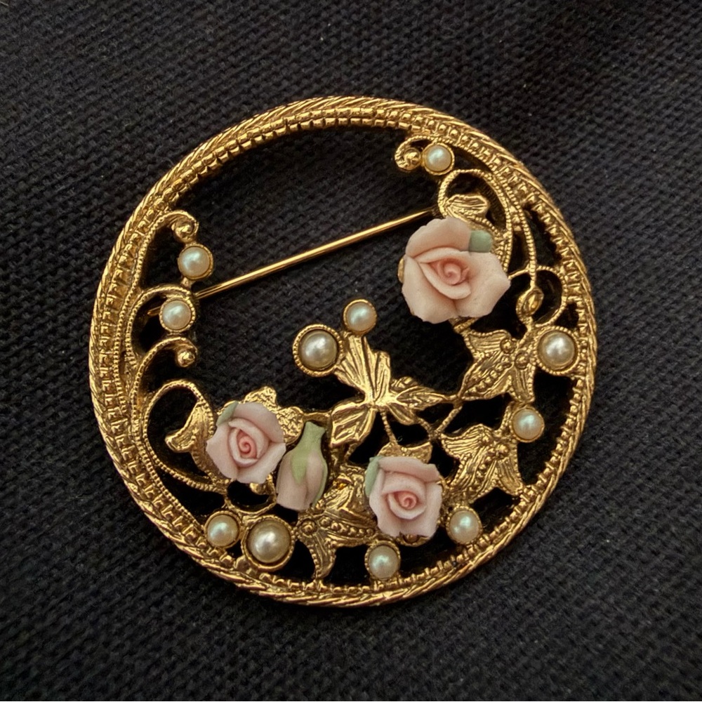 Gold Floral Porcelain Rose Brooch with Pearl Accents - Women Jewelry